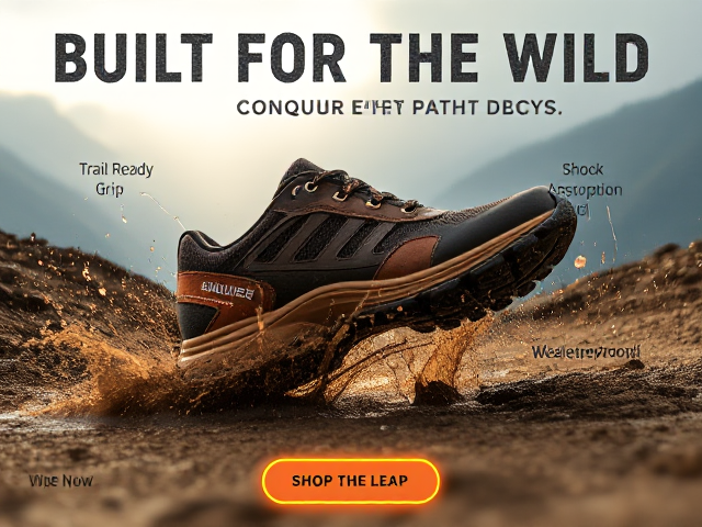 An ultra-realistic advertisement showcasing rugged, all-terrain sneakers designed for boys who live for adventure. The sneakers are bold and tough, with earthy colors like deep brown, fiery orange, and metallic black, featuring textured mesh, sturdy soles, and dynamic tread patterns. Positioned in action, the sneakers are smashing through splashes of mud and water, creating a dramatic, high-energy impact effect.

The background sets the stage for an adrenaline-pumping adventure—rugged mountain trails, glowing beams of sunlight breaking through misty clouds, and dust particles subtly swirling in the air. The scene feels alive with motion, perfectly balancing realism and excitement.

The text overlays are light and ultra-thin, written in rugged, faded fonts so they softly blend into the background. Phrases like 'BUILT FOR THE WILD' and 'CONQUER EVERY PATH' are nearly transparent, ensuring they don’t overshadow the imagery and can easily be replaced or adjusted. Minimal glowing callouts highlight the shoe’s standout features: 'Trail-Ready Grip,' 'Shock Absorption,' and 'Weatherproof Build.'

A subtle yet powerful call-to-action—'Take the Leap' or 'Shop Now'—sits at the bottom in a lightly glowing button style, ensuring it complements the design without stealing focus. The overall aesthetic is bold, adventurous, and action-driven, perfectly tailored to boys who thrive on rugged outdoor excitement."