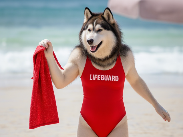 A anthropomorphic alaskan malamute  wearing a red lifeguard one piece swimsuit drying off with a towel