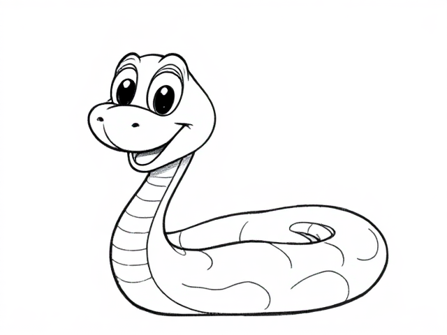 A high-quality, clear sketch of a happy cartoon-style snake with clean and bold outlines, featuring large expressive eyes and a friendly smile. The snake is coiled playfully in a full body view and is set against a plain white background. The image is designed for a children's coloring book with no shading or colors. The lines are smooth, continuous, and thick enough for easy coloring. There are no shadows or additional textures.