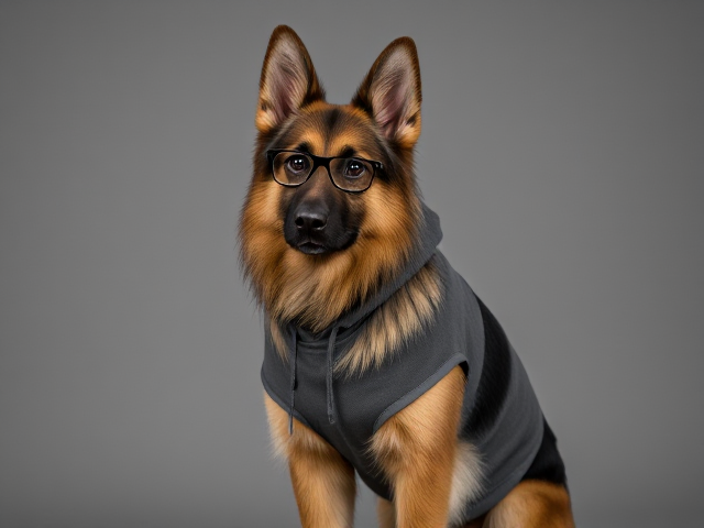 A anthropomorphic long-haired German shepherd wearing a hoodie, glasses, and leggings
