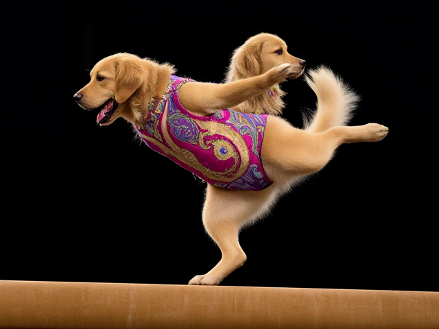 Anthropomorphic Golden Retriever in a vibrant, intricately designed gymnastics leotard adorned with elegant patterns and shimmering details, striking a graceful pose on a gymnastics beam. The background is softly lit, accentuating the highlights of motion and agility