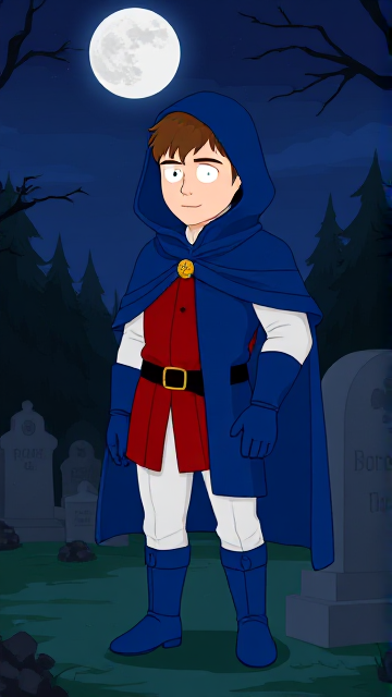 Dramatic Cartoon scene: Clyde Donovan from South Park, light skin and brown hair, but as a 14-Year Old teenager, dressed as a medieval prince, wearing a red shirt with white sleeves, a black belt with a gold buckle, white pants, blue boots, blue long-cuffed gloves, and wreathed in a really big, heel-length long, ultra-wide blue hooded cape around his neck held up by a golden button. He is now known as Prince Donovan. Despite still being a teenage kid, he is the Youngest Ruler of South Park, Colorado, but now reborn as the real life Kingdom of Kupa Keep, Zaron, and Prince Donovan is its youngest and greatest hero. The young teenage prince of Kupa Keep is currently standing in a graveyard at night, visiting the grave of his deceased mother, paying his respects while he wishes she could have seen the prince he has become.