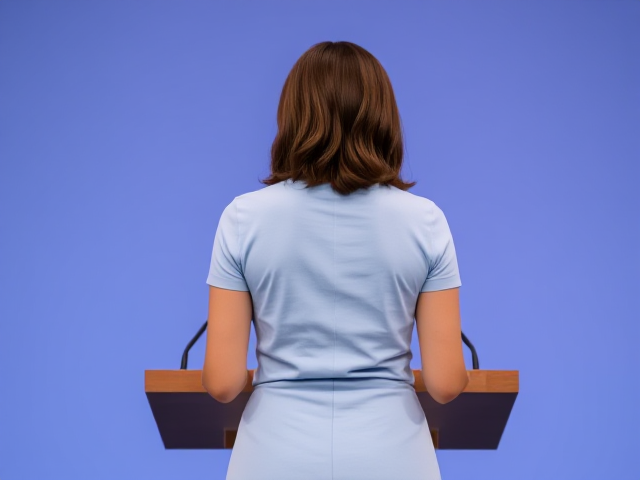 Brunette female politician, wearing a light blue t-shirt and skirt of the same shade,  speaking at a podium full body view