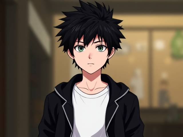 My hero academia inspired styled OC. Black spikey hair. Around 14. Wears a white T-shirt with a black jacket. 3/4 view. Green or grey eyes. Full head in view. Half body shot.