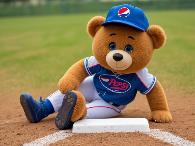 human 5 feet 8 inch animated live teddy bear thin athletic body beige round face blue eyes wearing a blue baseball hat with a Pepsi logo and a blue athletic t shirt with a Pepsi logo white baseball pants with blue and red piping with a blue belt blue baseball socks blue cleats sliding into second base head first on a nice softball field