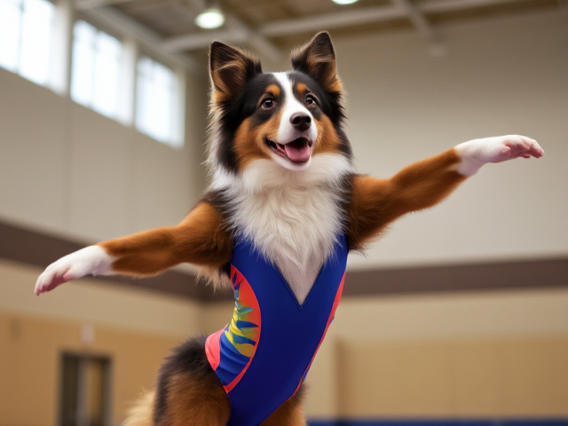 Anthropomorphic Australian shepherd performing gymnastics in a colorful leotard, inside a well-lit gymnasium, dynamic pose, detailed fur, expressive eyes