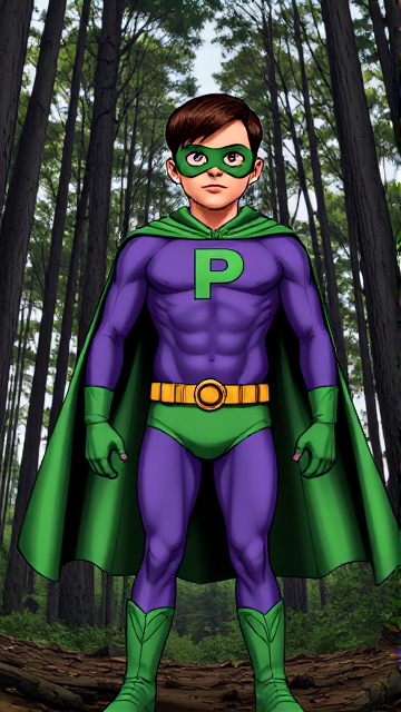 Dramatic Comic Book scene: A young, Autistic 25-year old boy with light skin and flat, smooth, and slick brown hair with a singular curled bang in the shape of a P sticking out at the front named T.J. Granger, but transformed into a genetically-altered superhero named Powerman, who, despite still being a young adult kid, has an extremely muscular body. He wears a sleek purple bodysuit with a green P symbol on his chest, a golden belt with a circular buckle, green briefs, green boots, green long-cuffed gloves, a really big, toe-length long, ultra-wide green cape wreathed around his neck, and a green eye mask that protects his true identity and also causes his pupils to magically disappear as his eyes glow an eerie white. He also has incredible and invincible superpowers flowing through his veins. In this scene, Powerman is currently standing in the forest, ready for action as he waits intently for his Super Hearing to pick up a distant sound.