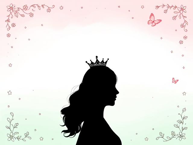 Create a beautiful first page for a journal designed for girls, featuring a soft pastel background that transitions from light pink at the top to mint green at the bottom. Include a decorative border of delicate, lightly sketched flowers, whimsical stars, and playful butterflies, with scattered sparkles to evoke a sense of magic. In the center, feature an elegant black color silhouette of a woman wearing a crown, symbolizing empowerment and confidence. Ensure there’s ample clear space around her for an inspiring quote or title, making the overall design versatile for various journal themes. The edges should be soft and inviting, creating a warm atmosphere that encourages creativity and positivity."