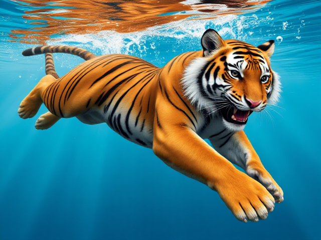 female anthropomorphic tiger swimming in freestyle stroke, detailed fur texture, vibrant colors, underwater scene with bubbles and light rays