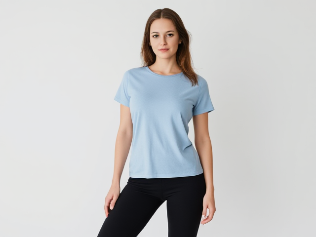 Brunette wearing a light blue t shirt and black yoga pants