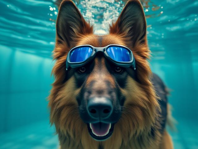 A long-haired German Shepherd wearing swimming goggles underwater