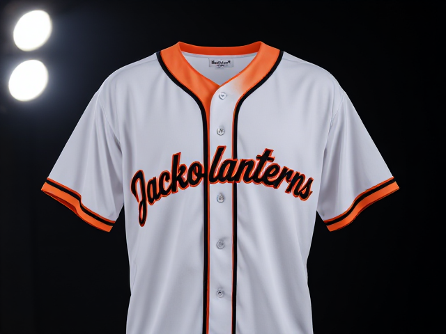 white baseball jersey with Jackolanterns written across the front in orange and black with black and orange piping around the neck and cuffs of the jersey
