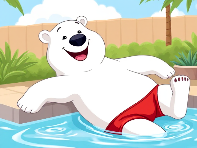Cartoon polar bear lounging by a pool, wearing bright red swim trunks, smiling happily, sunny day, playful style