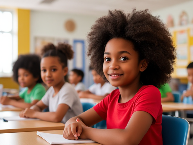 Des élèves afro-Américaines âgée de 8 ans avec des tresses africaines assises dans une salle de classe de collège, ambiance studieuse et joyeuse, décor coloré et moderne