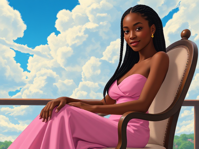 jeune femme noire de 19 ans avec des tresses, portant une élégante robe rose, assise gracieusement sur une chaise dans un environnement lumineux et détaillé