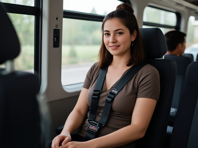 Fit Young business Woman on the bus in a special needs carseat wearing a 5 point harness