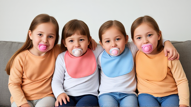 Quatre filles adolescentes  assis dans un canapé avec des tee-shirt manche longue avec des grands bavoir simple de différentes couleurs et des tétine en bouche elles ont les cheveux lisses et dégage à l’avant et elles ont des tétines en bouche et elles se font un gros câlins