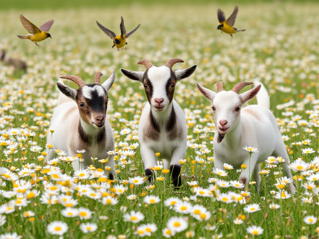 Create an image of 3 baby pygmy goats playing in a field of daisies with honeyeater birds flying around