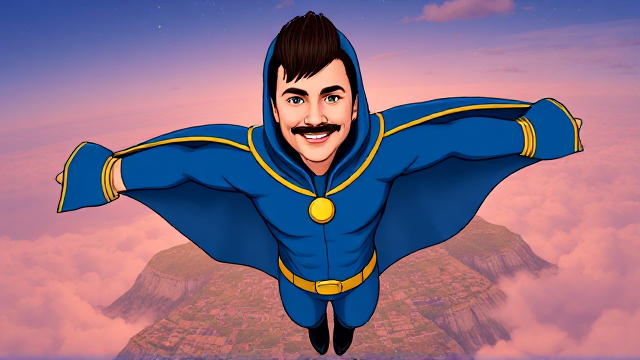 Cartoon scene: A preteen 12-year old boy with light skin and freckles on his cheeks named Kyle Lipton, but transformed into a superhero named Dr. Dimensionpants, who, despite still being a kid, has an extremely muscular body. He wears a tight blue hood outlined by a yellow line that covers the back half of his head and leaves his ears exposed, with a smooth, slicked back black mohawk on top. He also wears a sleek blue bodysuit outlined with yellow lines on the cuffs of the sleeves and pants, a golden belt with a circular buckle, black boots, and a really big, heel-length long, ultra-wide blue cape with a really big collar outlined with yellow lines wreathed around his neck held up by a golden button. The pupils in his eyes are green, and he has a long black twin moustache, which help protect his true identity in this form. He also has incredible, invincible, and cosmic superpowers flowing through his veins. He is currently flying through the sky high above Ganderville, the city he protects, searching for trouble, his cape billowing majestically.