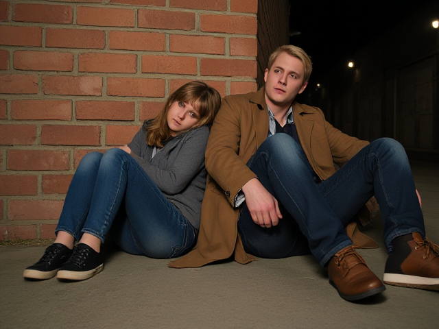 a petite, 13-year-old girl with strawberry blonde hair, wearing jeans and a hooded pullover, sits slumped with her back against a brick wall, feet forward, legs outstretched. Next to her sits a modern-day male vampire, 28 years old, with pale skin and blonde hair, dressed in jeans and a brown trenchcoat. The vampire is slumped against the wall as well, feet forwards, legs outstretched. The girl has a forlorn look and rests her head on the vampire's shoulder. Set at night in an abandoned warehouse, in a holding room with no windows. The vampire is roughed up from a fight. Both have their backs against the wall. 
The vampire looks straight ahead, worried..