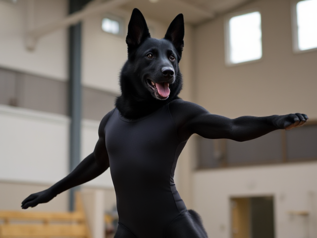 Anthropomorphic black German shepherd with broad shoulders, wearing a gymnastics leotard, inside a gymnasium, dynamic pose
