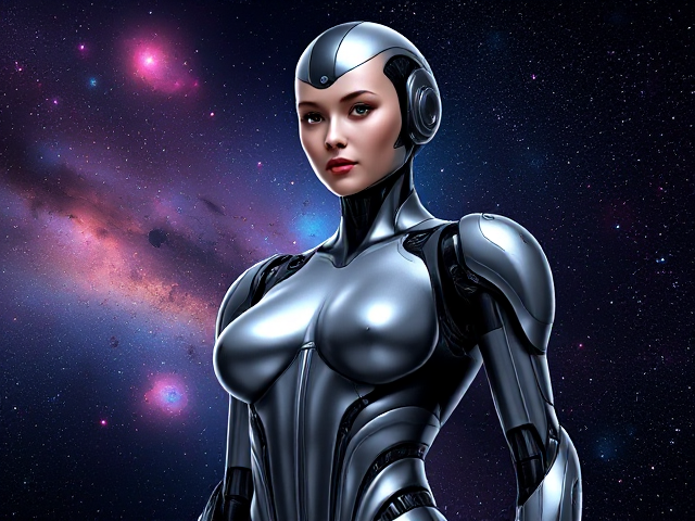 Futuristic female android inspired by Space-1999, from the year 1999, with a sleek metallic body and advanced robotics, set against a cosmic backdrop, vibrant stars and nebulae in the background, highly detailed features