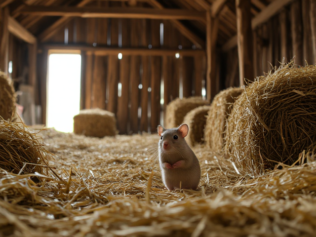 Mouse in a rustic barn, surrounded by hay bales and wooden beams, with sunlight filtering through cracks in the walls, detailed textures