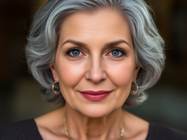An elegant beautiful lady in her 50s grey hair, high herls