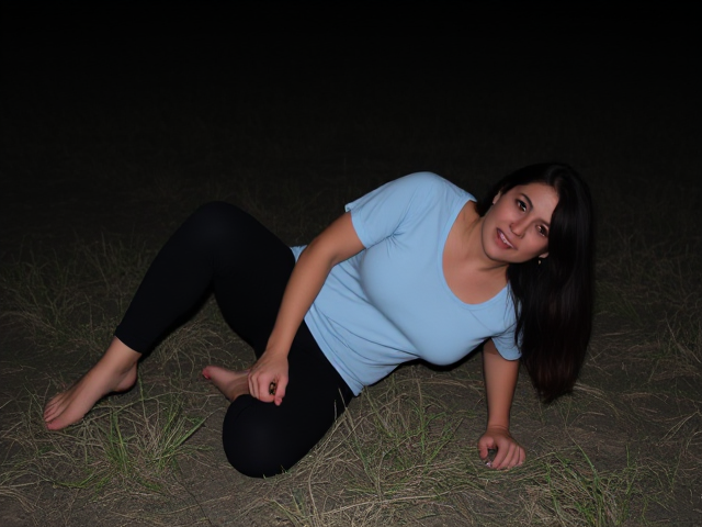 Woman with dark brown haie wearing a light blue t shirt and black yoga pants falls to the floor in a dark field