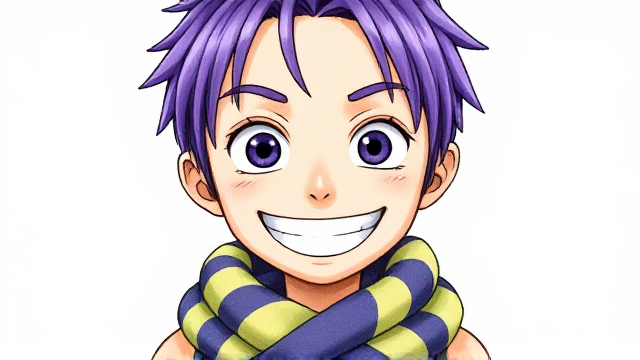 Anime boy, purple hair, thick eyebrows, big smile, big striped scarf, one piece art style, full body