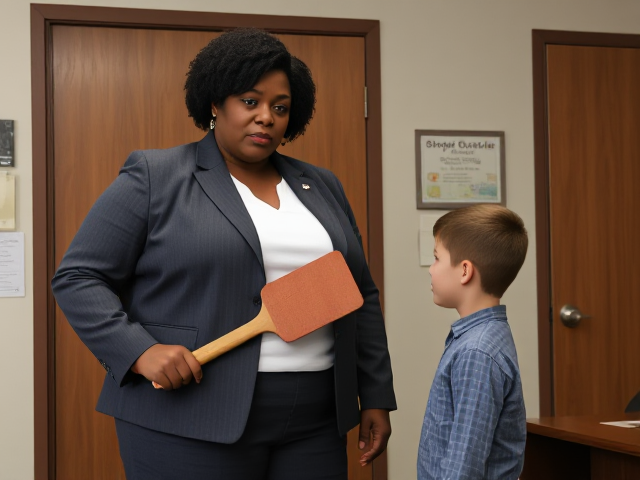 A tall, fat, black female in her 50s and dressed in a business pants suit, is a principal of an elementary school. She is standing in her office holding a spanking paddle. She has a stern facial expression. A young Caucasian boy in the 5th grade stands beside her facing the wall