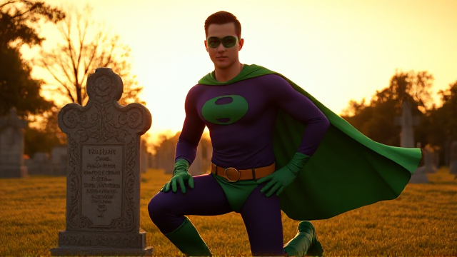 Movie scene: A young, Autistic 25-year old boy with light skin and flat, smooth, and slick brown hair named T.J. Granger, but transformed into a genetically-altered superhero named Powerman, who, despite still being a young adult kid, has an extremely muscular body. He wears a sleek purple suit with a green P symbol on his chest, a gold belt with a circular buckle, green briefs, green boots, green long-cuffed gloves, a really big, toe-length long, ultra-wide green cape wreathed around his neck, and a green eye mask that protects his true identity. He also has incredible and invincible superpowers flowing through his veins. In this scene, Powerman is currently kneeling down on one knee in a graveyard at sunset, visiting the grave of his deceased grandmother, paying his respects and wishing that she could have seen the superhero he has become.