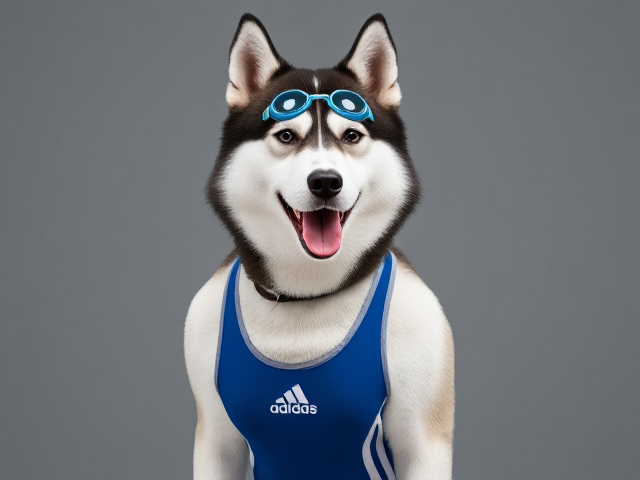 A anthropomorphic Siberian husky wearing an adidas swimsuit and swimming goggles