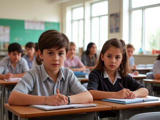 Des élèves noirs âgés de huit ans assis dans une salle de classe lumineuse, concentrés sur un devoir, avec des bureaux et du matériel scolaire visible autour d'eux, lumière naturelle entrant par les fenêtres
