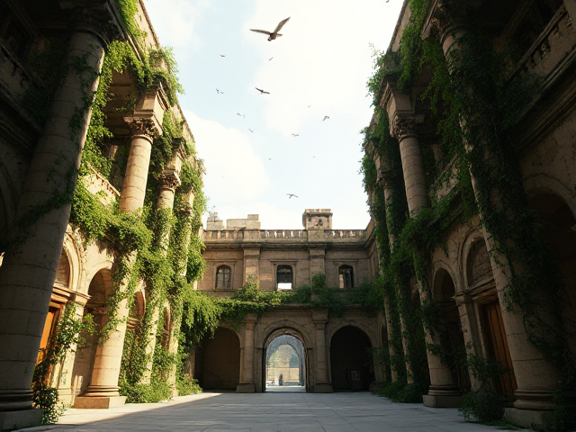 "Generate an ancient courtyard with tall stone pillars, archways, and walls overtaken by vines and greenery. The scene should feel like an abandoned temple, with sunlight filtering through an open sky. There should be a mix of architectural grandeur and natural overgrowth, with symmetrical arches and stone structures. Birds flying in the sky, creeping vines, and soft shadows create an atmosphere of mystery and adventure. The focus is on the detailed background, without any people, allowing the space to feel immersive and ancient."