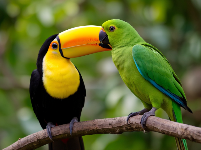 A tucan next to a green parrot