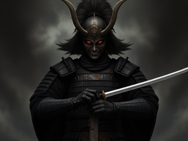 A naruto art style image of a dark, menacing samurai warrior in full battle armor stands ready, gripping his katana with both hands. His helmet has long, flowing hair and sharp, angular horns. The samurai’s face is hidden behind a fearsome mask with glowing red eyes. The background is shadowy and atmospheric, creating an ominous and intense mood. The image should be stylized in dark, gritty tones, with a focus on the samurai's details, including worn armor and the menacing aura around him.