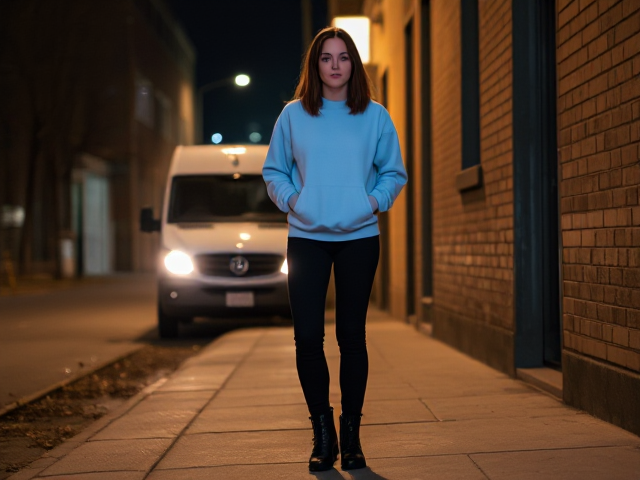 Brunette thin wearing a light blue sweatshirt and black pants and boots out cold  late at night on the sidewalk of  an alleyway. A van in the background driving slowly by