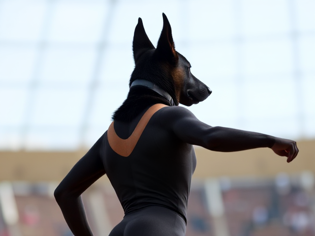 A anthropomorphic black German shepherd Olympic gymnast wearing a leotard