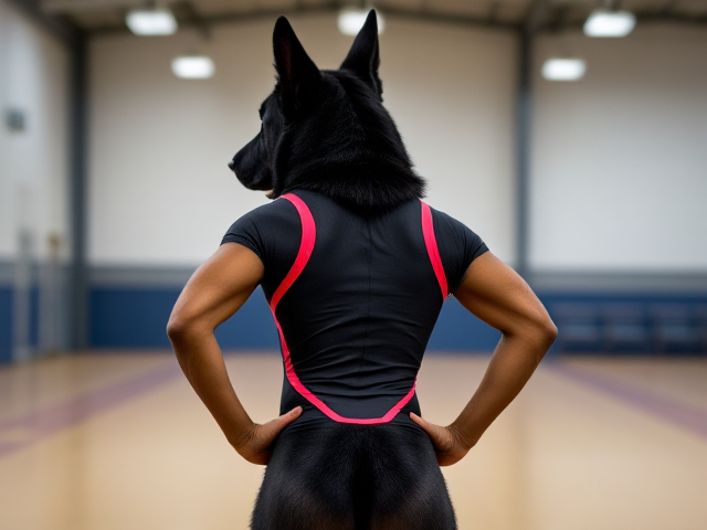 Anthropomorphic black German shepherd wearing a gymnastics leotard, posing with emphasis on its hips in a gymnasium setting, detailed and vibrant colors