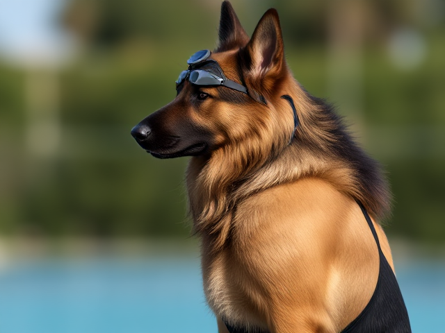 A tall and lean anthropomorphic long haired German shepherd with a long torso and broad shoulders wearing a high cut Nike one piece swimsuit and swimming goggles