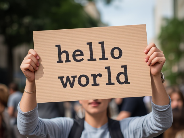 Someone holding up a sign that says "hello world"