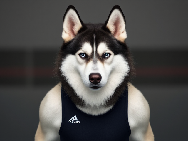 A anthropomorphic Siberian husky wearing an adidas swimsuit and swimming goggles