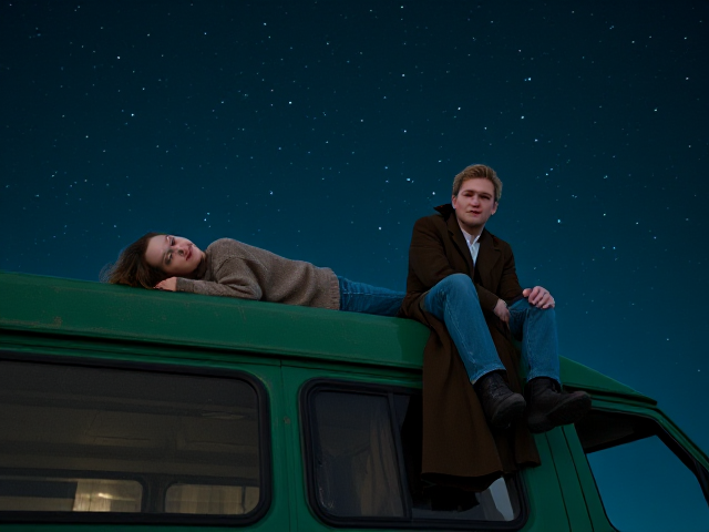 A petite 12-year-old girl with strawberry blonde hair, wearing a cozy pullover and jeans, is lying on the roof of a weathered green 1987 Chevy van. She is on her back, gazing up at the night sky filled with stars. Next to her on the roof of the van, sits a modern-day, pale skinned vampire in his late twenties, with striking blonde hair, dressed in a brown trench coat and jeans. He appears uneasy as he looks downward