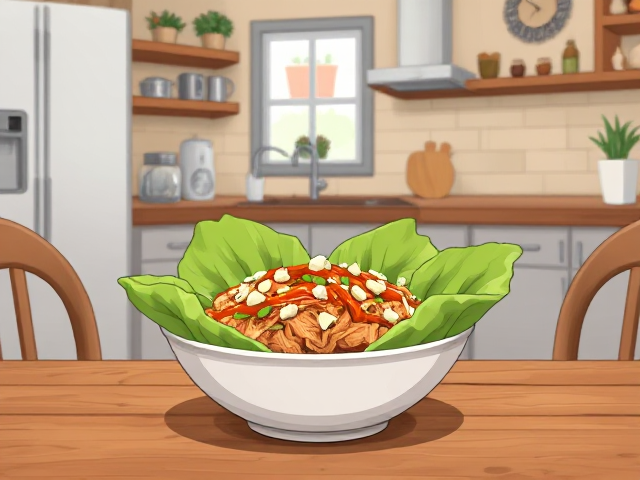 in a cozy kitchen on a table we see a bowl of Keto Buffalo Chicken Lettuce Wraps 🌶️
Ingredients:
1 cup cooked shredded chicken
2 tbsp buffalo sauce
4 large lettuce leaves
2 tbsp blue cheese crumbles