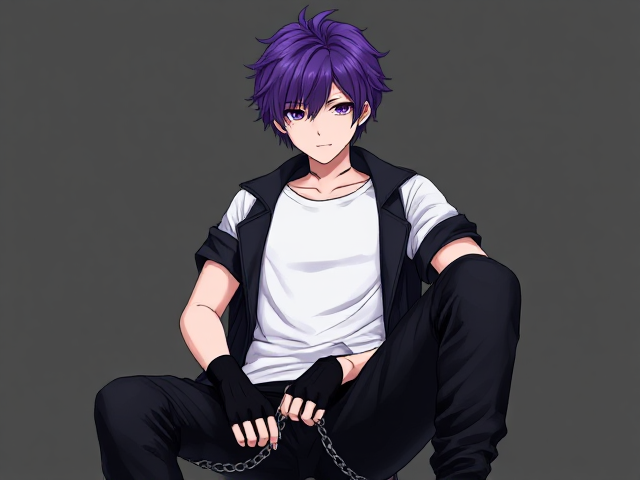 Mha OC. Purple fluffy hair. White tshirt. Black chained pants. Leather Jacket. Fingerless gloves. Halloween pfp. Male.