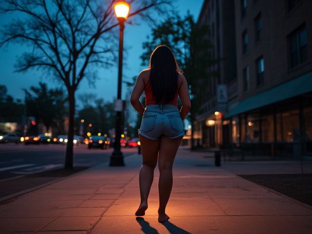 The narrative scene unfolds under the soft embrace of the evening light, the park's vibrant hues dimming into a serene palette of blues and purples. The stage, once bustling with an audience, now stands abandoned, the remnants of the hypnosis act scattered around like forgotten whispers of a dream. The corner of Elm and 3rd street is a tranquil intersection, the gentle murmur of distant traffic a soothing backdrop to the silent dance of shadows. The buildings loom tall, their windows reflecting the last gasps of daylight. The sidewalks are cracked and uneven, a canvas for the interplay of light and shadow that paints the scene. A solitary lamppost casts a pool of amber light onto the pavement, creating a stage for the impending rendezvous. Beverly emerges, the tight embrace of her jean shorts showcasing her curvy figure, while the flip flops reveal her now bare feet. The simplicity of her attire belies the complex woman beneath, a stark contrast to her earlier professional armor. The air is pregnant with anticipation, each passing moment a heartbeat that brings them closer to the intimate encounter that awaits.* (img1:0) , soft focus, depth of field, 8k photo, HDR, professional lighting, taken with Canon EOS R5, 75mm lens    Beverly's appearance: Beverly is a 45 year old curvy, black woman. She is very serious and severe and does not trust men. She is very argumentative and challenging, and wants everything her way. She avoids men and thinks she’s above them. Her sexy form and gorgeous looks. Her hair is long and straight. She likes to show off her long legs and pretty bare feet., sharp focus, depth of field, 8k photo, HDR, professional lighting, taken with Canon EOS R5, 75mm lens