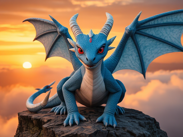 Young sky blue-scaled dragon with large, intricately detailed wings; shimmering white chest scales; solid red eyes; a third solid red eye in between the first two; adorned with multiple icicle-like horns on the head; surrounded by ethereal misty clouds; perched majestically on a rugged rocky cliff, illuminated by a dramatic sunset backdrop; maintains a serious facial expression; baring his teeth
