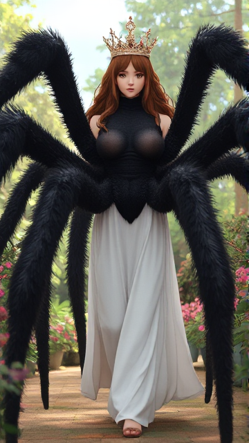 A photo of a very tall female queen drider with brown hair and brown eyes. She has a black furry and hairy tarantula body that is 20 feet long and 6 feet tall. She is wearing a white dress and a crown. The queen drider is walking in her garden. The drider has long and tall spider legs. The spider is eating large insects.