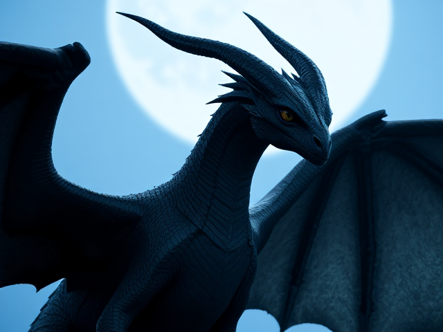 Darkstalker had ebony black scales and dark midnight-black wings, appearing as almost a pure NightWing except for a line of icy, white, silvery IceWing scales where his wings met his body, which Clearsight described to be cold when touched. He had one silver teardrop scale on the outward corner of each of his dark eyes, which indicated that he was a mind reader, and he had eyes that were as black as underground caverns. He had a narrow, handsome face, long, twisted horns, and was, after re-emerging from Agate Mountain, enormous, at least three times as tall as the largest living dragons. His huge wingspan was as wide as Agate Mountain, and he had a very long neck. He was handsome and powerfully built, with scales that felt as hard as armor due to his enchantment. He moved slowly and purposefully and spoke in a cavernous, booming, low rumble